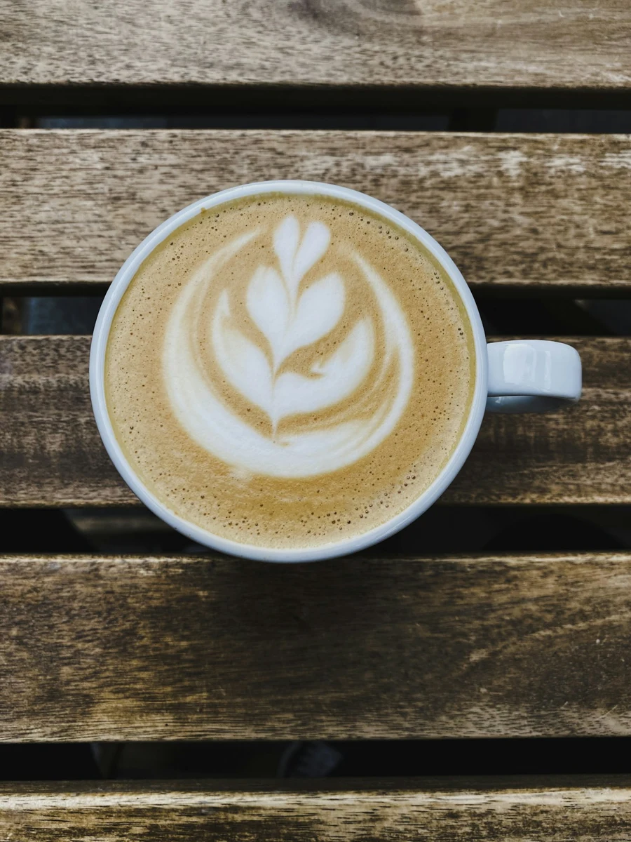 Representative latte with leaf-shaped milk art, photographed from above