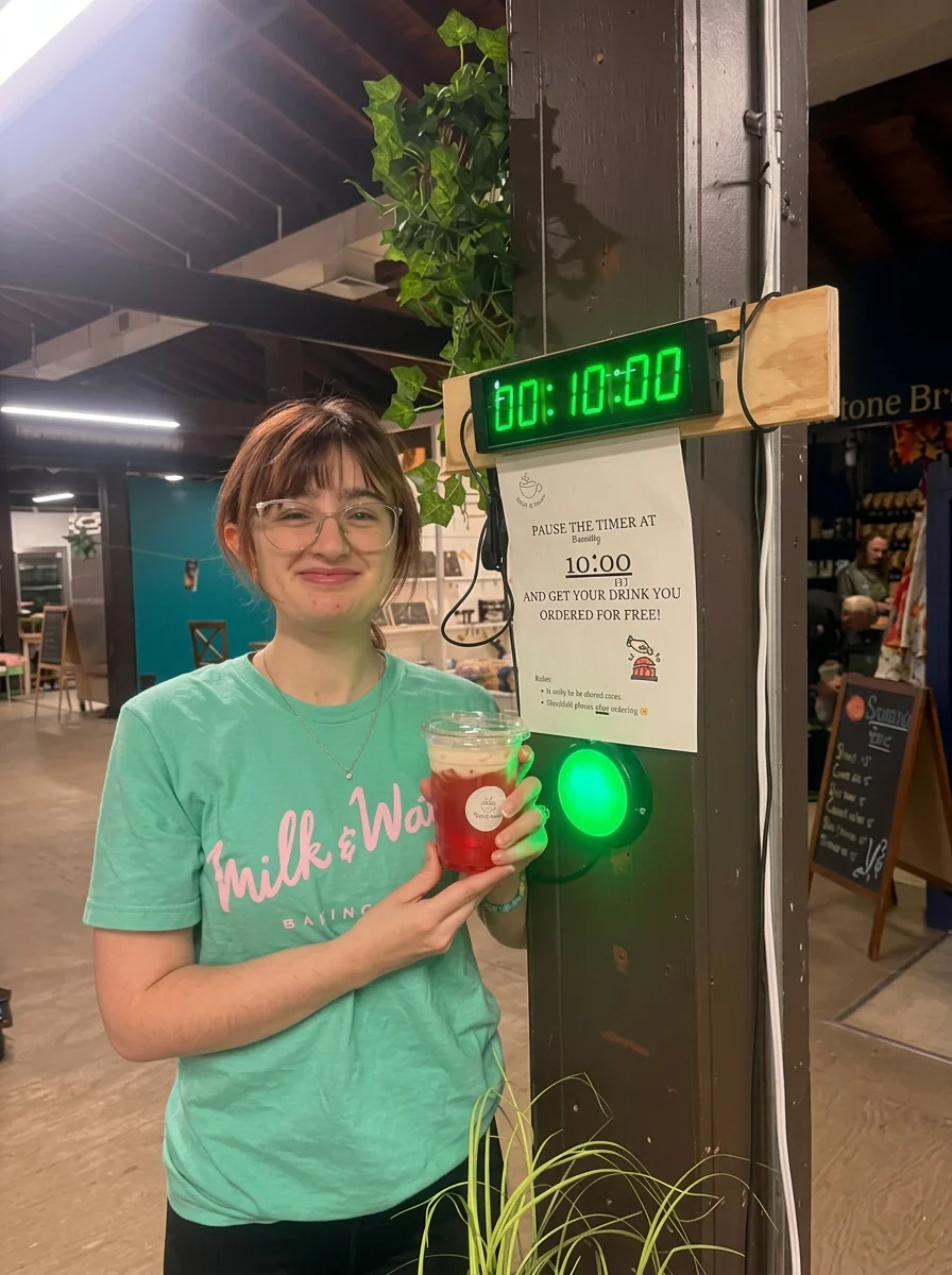 A customer holding a red iced drink beside the timer at Bake-a-Wish's Country Market stall