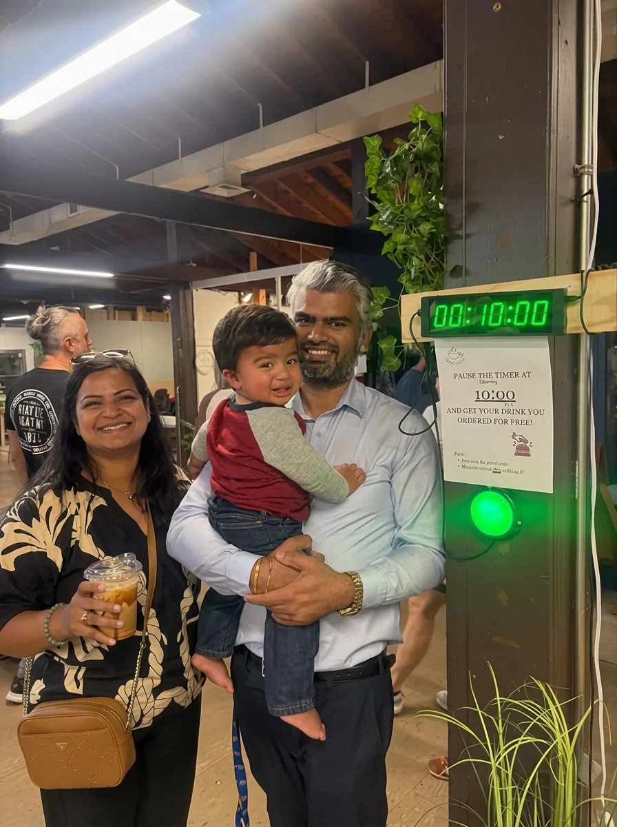 A family with iced drinks at the Bake-a-Wish market stall